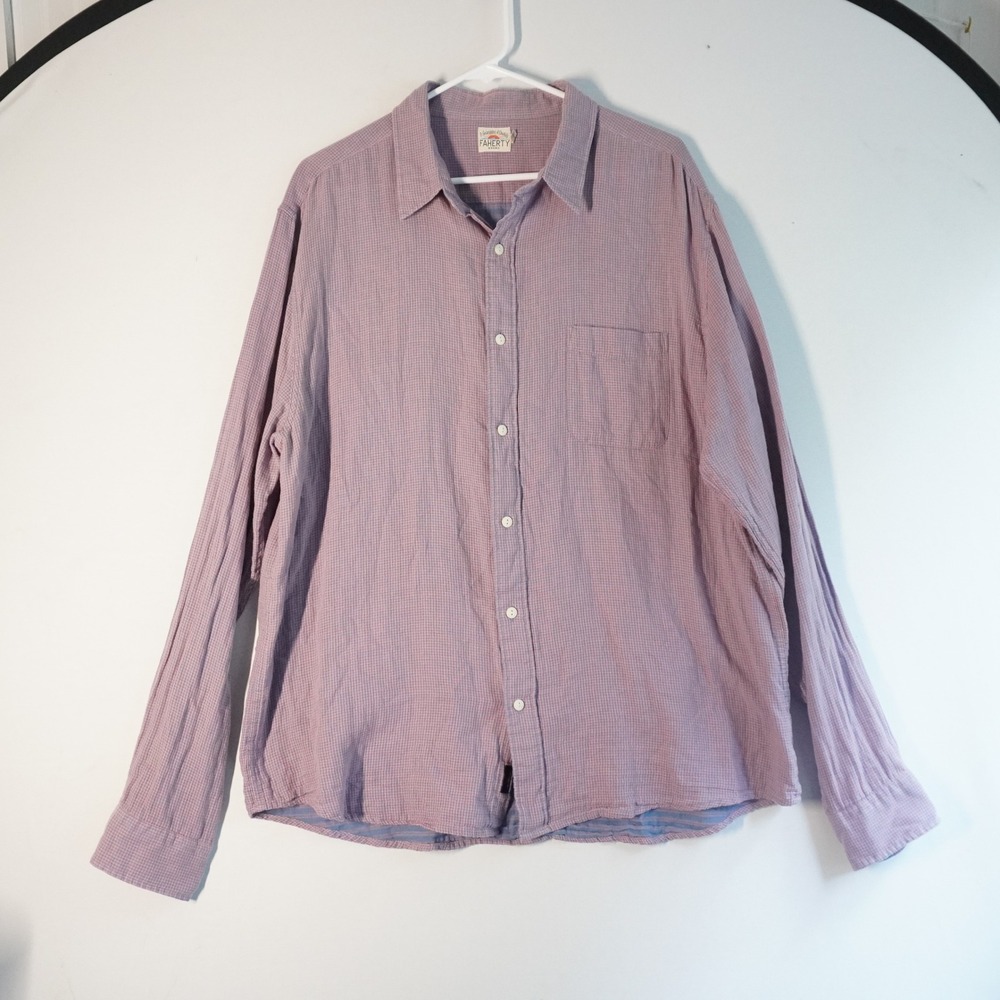 Faherty XXL Button Up Shirt Long Sleeve Pink Blue Check Organic Cotton‎ Flannel
